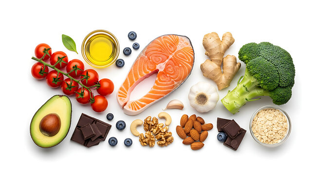Healthy food selection with salmon fish avocado vegetables and nuts on white background.