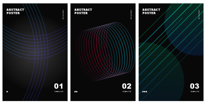 Tech Geometric Poster Set Vector Neon Line Grid and Futuristic Wireframe Template for Cyberpunk Branding Layout