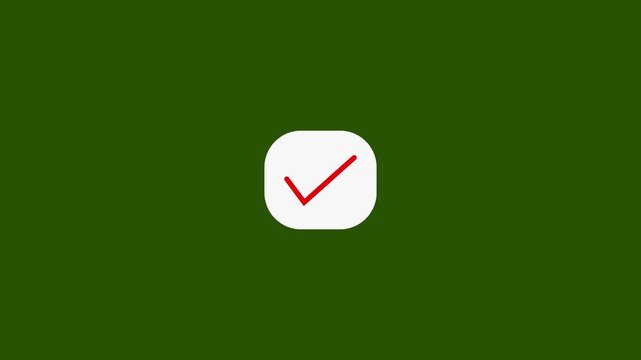 Animated red checkmark icon in white rounded box on dark green background