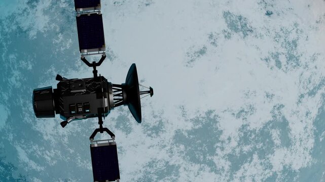 Satellite in Space passing planet, 3D animation
