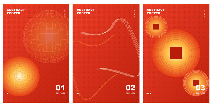 Red Abstract Poster Set Vector Wireframe Globe and Geometric Shapes Template for Corporate Tech Branding Layout