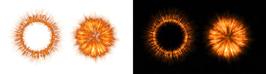 Fototapeta premium Explosion ball set with realistic orange fire ring and sun flare structures for dynamic thermal flash overlay templates providing PNG, Transparent and Black Background Versions to users