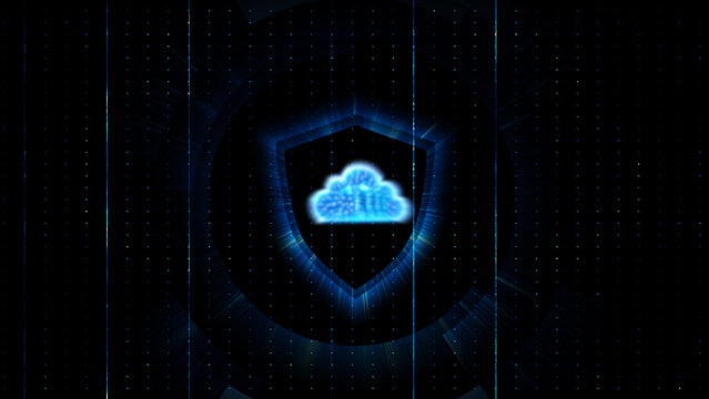 Cloud security technology background. Motion of secure cloud data protection. Data transfer and storage, server, network, grid, digital infrastructure.