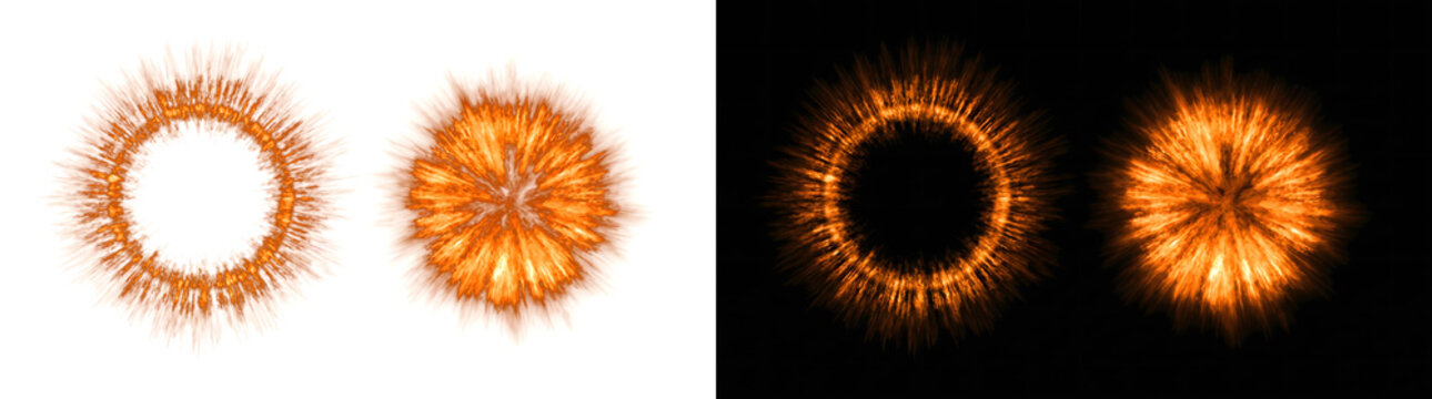 Explosion ball set with realistic orange fire ring and sun flare structures for dynamic thermal flash overlay templates providing PNG, Transparent and Black Background Versions to users