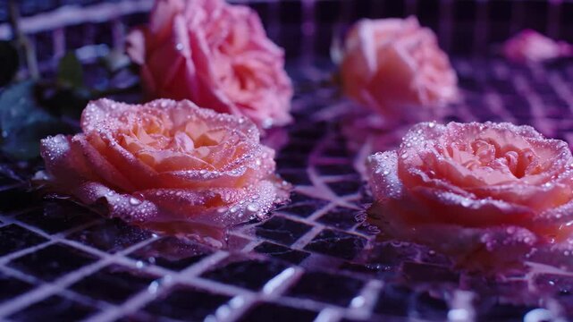 Pink roses covered in water droplets resting on dark grid surface for romantic and luxury content