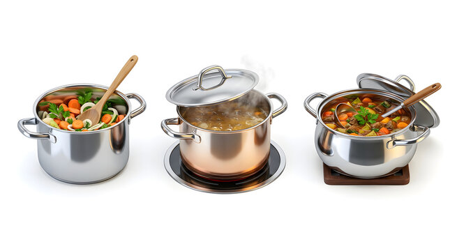 Three stainless steel cooking pots isolated on white background