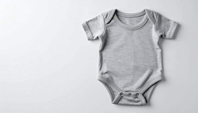 Grey baby romper mockup: A minimalist clothing template of a plain grey cotton baby romper flat on a solid white background.