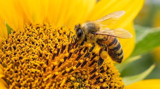 Close-up of a bee collecting nectar from a bright yellow sunflower.