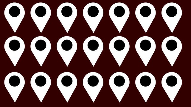 white Grid Pattern of Animated Map Location Pin Icons on Dark Background ,GPS Location Marker Pin Pattern Loop Motion Graphic Background