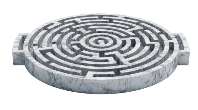 White marble labyrinth maze sculpture representing mystery strategy mindfulness and ancient architectural design isolated on White background