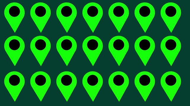 green Grid Pattern of Animated Map Location Pin Icons on Dark Background ,GPS Location Marker Pin Pattern Loop Motion Graphic Background