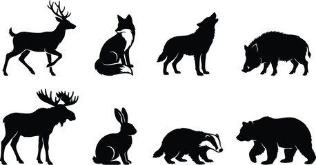 Fototapeta premium Woodland Animal Silhouettes Collection Featuring Deer, Fox, Wolf, Boar, Moose, Rabbit, Badger, and Bear