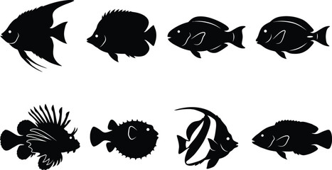 Coral Reef Fish Silhouettes Collection Featuring Diverse Marine Species with Distinct Shapes and Fins © Pronabesh