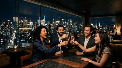 Naklejka na ściany i meble Friends toasting at a luxury rooftop bar with night city view