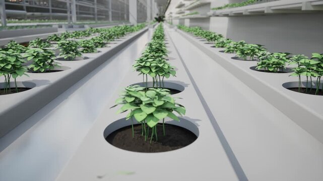 CGI of hydroponic vertical farming with green seedlings in white containers. Represents sustainable agriculture and the future of food production. Rendered in Unreal Engine.