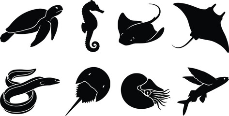Marine Animal Silhouettes Collection Featuring Sea Turtle, Seahorse, Stingray, Manta Ray, Eel, Horseshoe Crab, Nautilus, and Flying Fish © Pronabesh