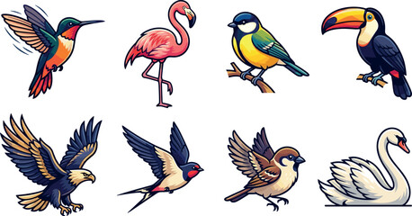 Colorful Bird Species Icons Set with Hummingbird Flamingo Toucan Eagle Swallow Sparrow and Swan Vector Illustration Bundle for Wildlife and Nature © MstLaily