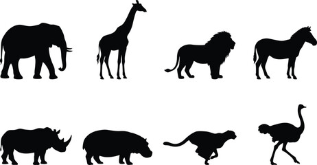 African Savanna Animal Silhouettes Collection Featuring Elephant, Giraffe, Lion, Zebra, Rhinoceros, Hippopotamus, Cheetah, and Ostrich © Pronabesh