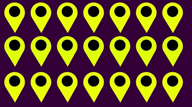 yellow Grid Pattern of Animated Map Location Pin Icons on Dark Background ,GPS Location Marker Pin Pattern Loop Motion Graphic Background