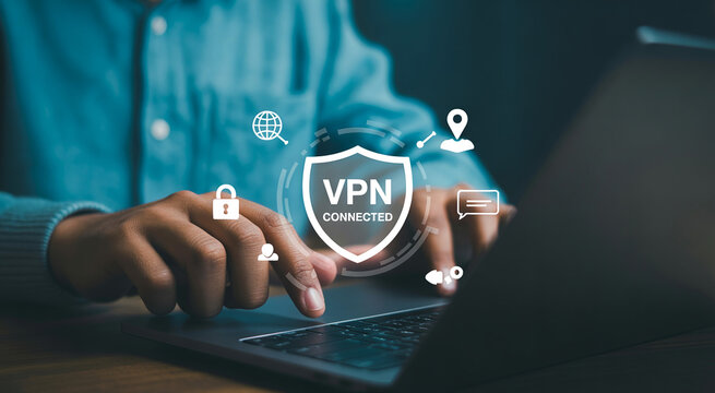 Man using laptop with vpn connected symbol, global network security concept.