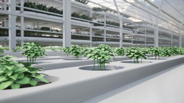 CGI of hydroponic vertical farming with green seedlings in white containers. Represents sustainable agriculture and the future of food production. Rendered in Unreal Engine.