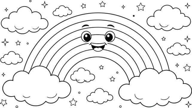 Smiling Rainbow with Clouds and Stars Cute Coloring Page Line Art