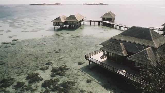 Aerial view of Bora Bora&rsquo;s turquoise lagoon with wooden bungalows surrounded by coral reefs. Bora Bora&rsquo;s Overwater Bungalows
