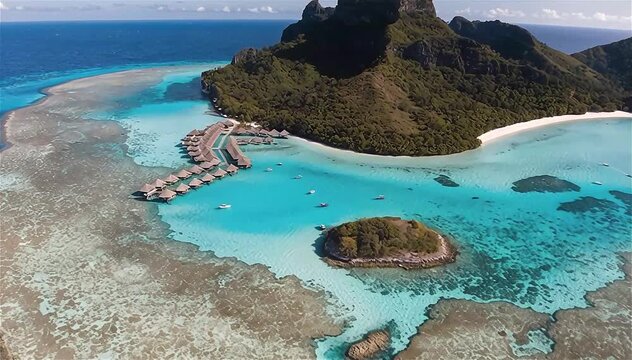 Aerial view of Bora Bora&rsquo;s turquoise lagoon with wooden bungalows surrounded by coral reefs. Bora Bora&rsquo;s Overwater Bungalows

