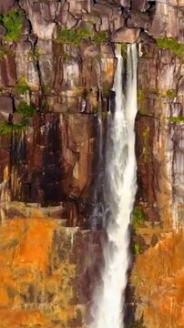 Majestic waterfall flowing down rocky cliffs. Powerful water cascade in nature.