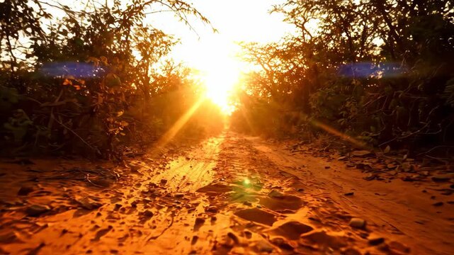 Dirt road leading through bush toward golden sunset in African savanna for travel and nature content