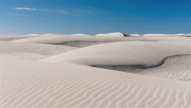 Soft, white gypsum dunes under a vast blue sky, with rippled textures from the wind. The White Sands of New Mexico
