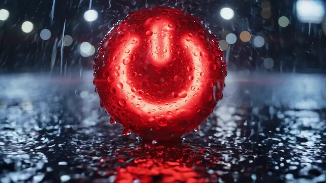 Glowing red power button covered in raindrops on wet surface for technology and dramatic intro