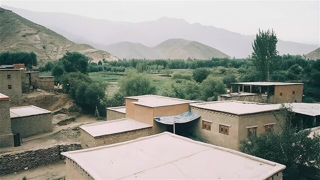 Aerial view of Houses of clay at the foot of the mountains. Old berber architecture in High Atlas Mountains region in Morocco. 
