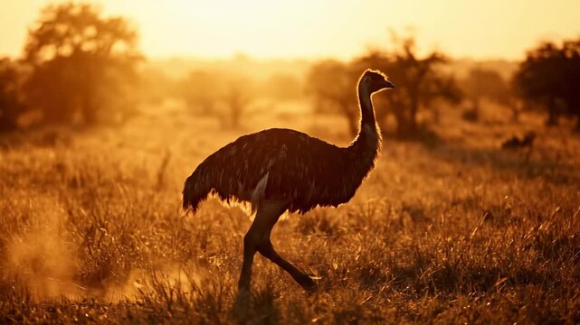 A solitary emu traverses the golden savanna grassland underneath a vibrant glowing sunrise while soft rays reflect across the vast horizon creating a peaceful atmospheric moment
