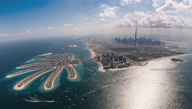 Aerial view of city from the Palm Jumeirah island in Dubai, UAE.