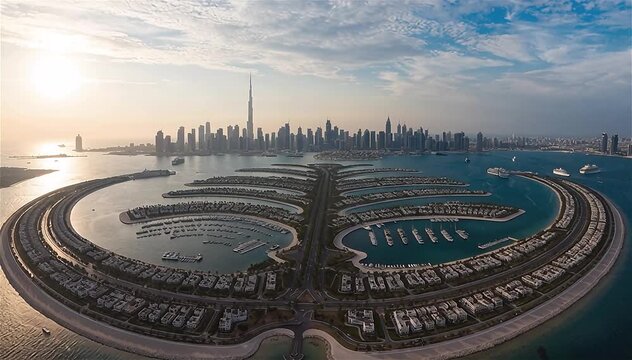 Aerial view of city from the Palm Jumeirah island in Dubai, UAE.