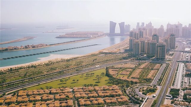 Aerial view of city from the Palm Jumeirah island in Dubai, UAE.