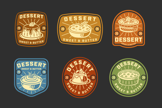 Artisan desserts retro badge design for cafes. Set of vintage sweet treats patch. Baked desserts rustic emblem logo with pudding, custard, mousse, baked custard, cream desserts illustration