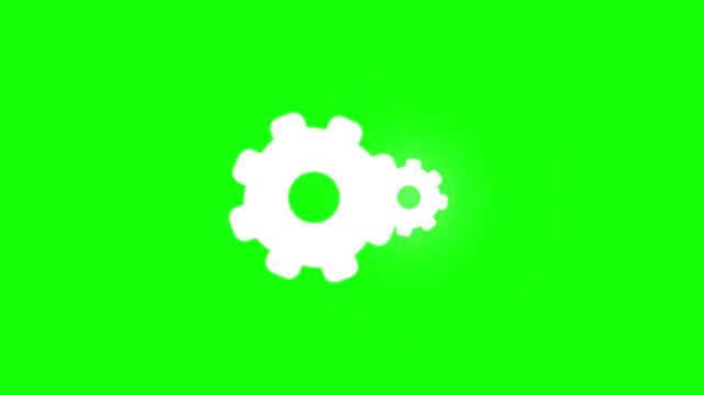 Rotating white glowing gear icons isolated on chroma key green background. Two mechanical cogs spinning in sync representing engineering, industrial work, and system settings.