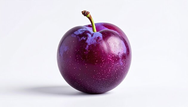 Plum isolated on white: A simple minimalist studio photograph of a single ripe purple plum isolated on a white background.