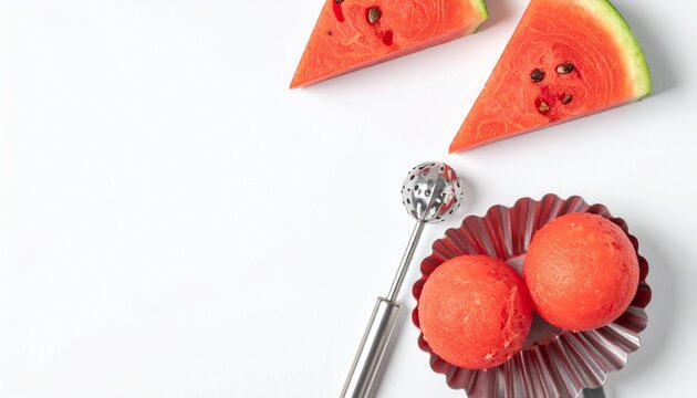 Watermelon slices with melon baller and balls, symbolizing freshness, creativity, and playful fruit presentation.
