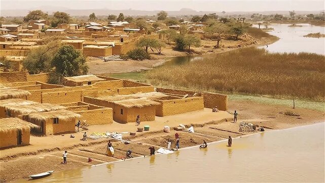 The drone view upon a busy rural riverside with people washing their clothes in the river with a local village in the background in Mali
