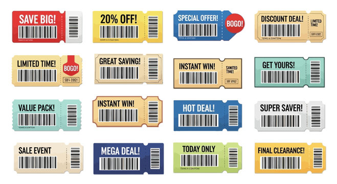 Collection of discount coupon tickets with barcodes and promotional text