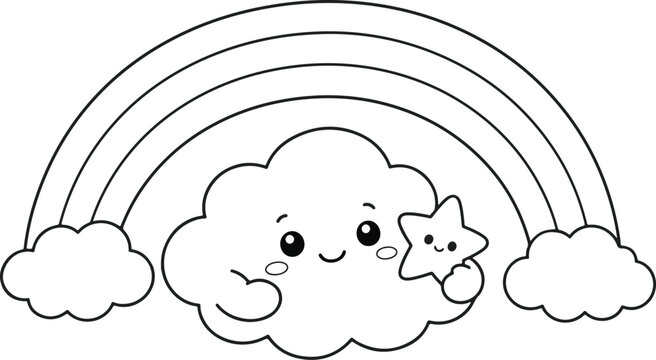 Cute Cloud Holding Little Star Black and White Coloring Page for Children
