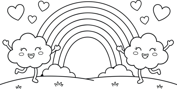 Simple Rainbow with Clouds Black and White Coloring Page for Children