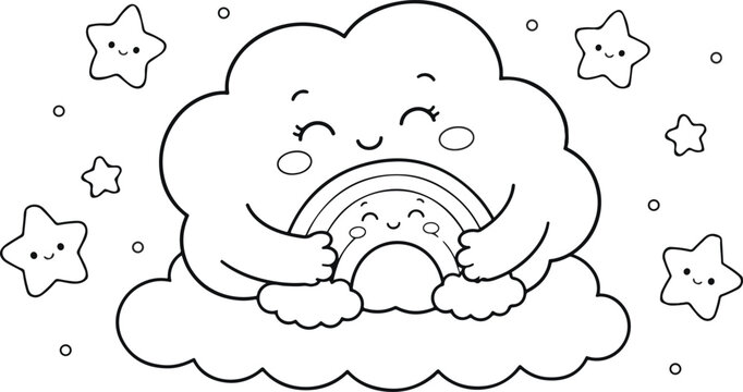 Cute Hugging Cloud Holding Tiny Rainbow Coloring Page Black and White