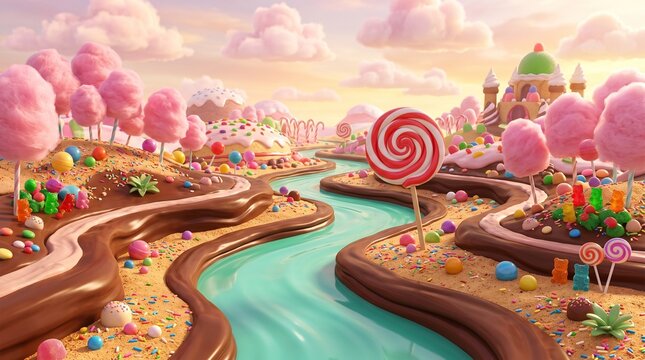 Whimsical Candy Land with Swirling Chocolate River and Lollipop