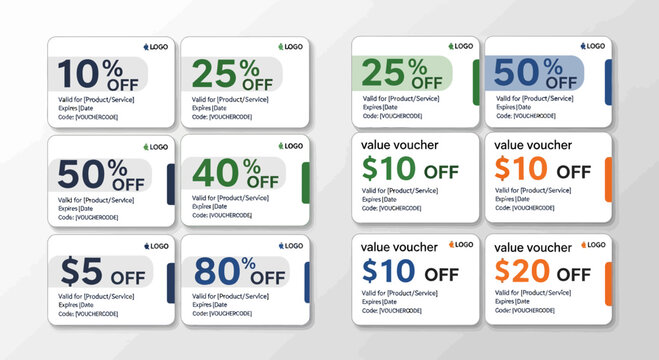 Collection of discount coupons and value vouchers for retail promotion and marketing