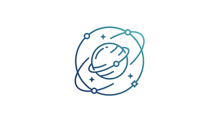 Stylized planet with orbiting moons and stars. © Azkal