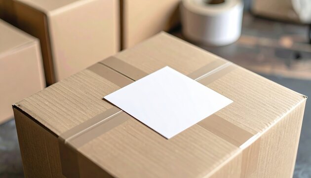 A pristine mockup of a blank square label on a cardboard parcel package wrap tape line roll seal